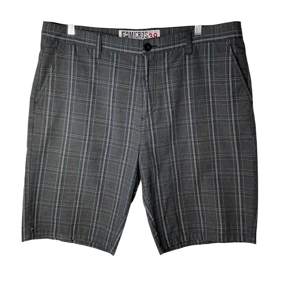 Micros Mens Plaid Cargo Shorts Gray Teal Size 38 Flat Front Skater Utility Y2K
